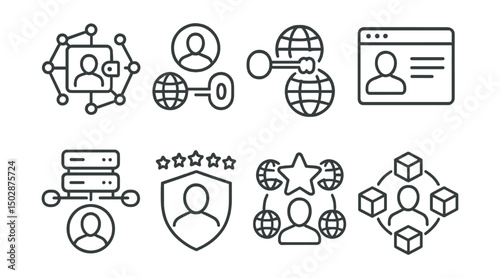 Line style icons of multiverse apps: connected identity wallet, SSO across metaverses, decentralized profile dashboard, cross-chain identity manager, multiverse trust score, reputation badge sync,