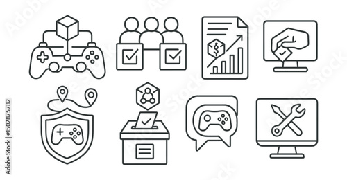 Line style icons of blockchain gaming: decentralized game governance, player council voting icon, proposal to update economy, rule change ballot, DAO-based patch decision, player-led roadmap badge,