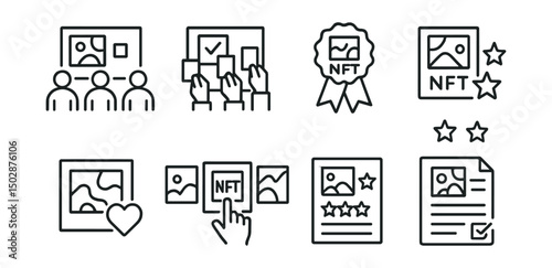 Line style icons of NFT galleries: community-curated gallery, DAO voting on featured works, crowd-sourced exhibition badge, token-holder favorite pick, collective art selection icon, NFT rating stars