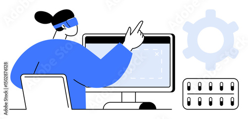 Person using VR headset, pointing at screen near computer, cogwheel, and server. Ideal for technology, innovation, virtual reality, futurism digital interaction AI data. Flat simple metaphor