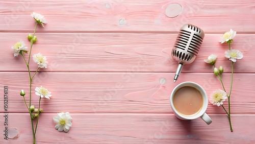 Pink wooden background with vintage microphone coffee and flowers