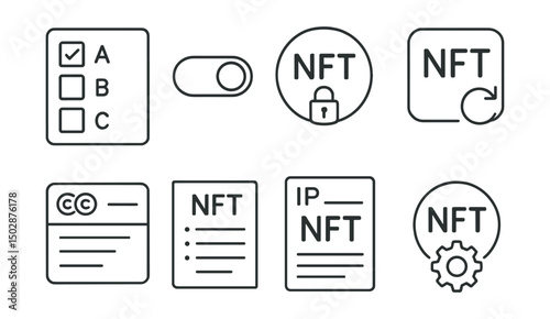 Line style icons of NFT crafting: license type selector, commercial use toggle, personal use only badge, remix permission icon, creative commons dropdown, terms of use panel, IP rights declaration,