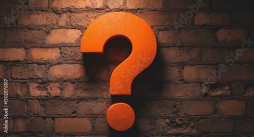 Orange Question Mark on a Textured Brick Wall, Concept of Uncertainty and Doubt