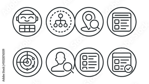 Line style icons of remote Web3 work (circular): metaverse job board badge, project marketplace ring, task opportunity finder, smart job feed icon, DAO project radar, contributor scout bubble, job