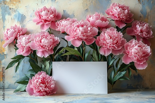 Pink peony bouquet mockup with blank white card on pastel background

 photo