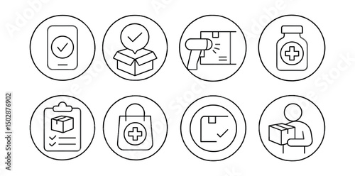 Line style icons of medicine delivery (circular): order confirmation checkmark, dispatch notice bubble, package scanning badge, item verification ring, packing checklist icon, pharmacy stamp seal,