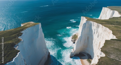 Aerial view of the Seven Sisters chalk cliffs, East Sussex coastline, England.
