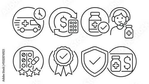 Line style icons of medicine delivery (circular): delivery delay compensation badge, order refund process, delivery guarantee ring, support case tracker, pharmacy service rating, quality assurance
