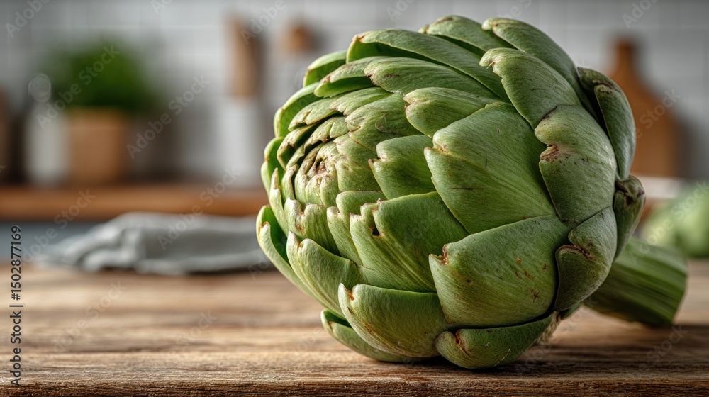 Fototapeta premium A close-up of a fresh, green artichoke resting on a rustic wooden surface