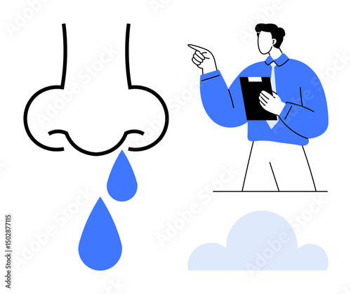 Dripping nose icon symbolizing sickness, paired with a professional holding documents, pointing towards solutions. Ideal for healthcare, wellness, diagnosis, treatment, allergies, prevention