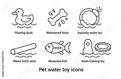 Line style icons of pet toys: floating duck toy, waterproof bone, tug ring for pool, squeaky water toy, water fetch stick, neoprene fish, swim training toy, floating frisbee.