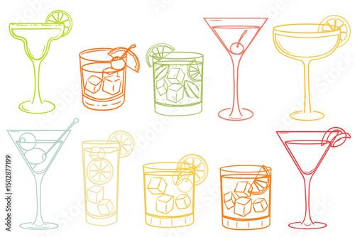 Hand drawn classic cocktail illustrations. Doodle style drink glasses with Lemon, ice cubes, garnishes, and cherries. Summer party drink for bar menu, invitations.