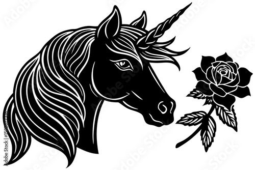 Black Unicorn and Rose Elegant Line Art Illustration, unicorn, rose, black, art, mystical, visual, tattoo, aesthetic, picture, monochrome, clipart, ink, inspiration, magic, popular, fantasy, trendy, d