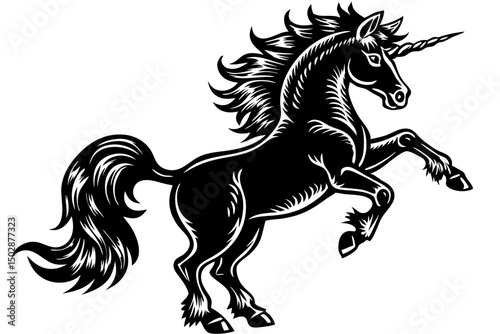 Majestic Black Unicorn Mythical Creature Illustration, unicorn, black, mythical, creature, mane, symbolic, graceful, intense, powerful, visual, mysterious, magical, tattoo, legend, tail, majestic, pic