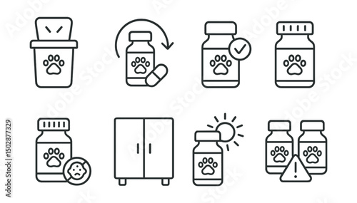 Line style icons of veterinary pharmacy: medication disposal bin, expired drugs return icon, safety seal check, tamper-proof cap, childproof lid, proper storage sign, sun exposure warning, drug