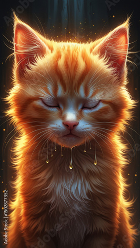 sad orange kitten, its fur radiating a bright, warm golden yellow glow
