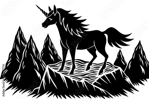 Majestic Black Unicorn on Mountain Peak A Mystical Illustration, unicorn, mountain, black, mystical, mane, mythology, powerful, serene, magical, legend, tail, fairytale, majestic, picture, monochrome