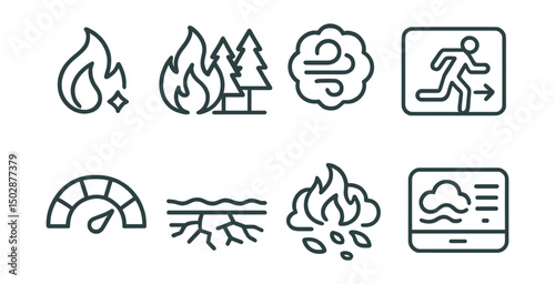 Line style icons of extreme weather: wildfire spark, flame near forest icon, smoke spread badge, evacuation route icon, fire danger meter, scorched ground, ember drift cloud, air quality alert.