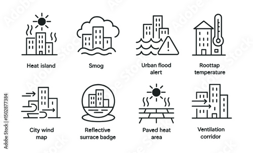 Line style icons of urban weather: heat island icon, smog cloud, urban flood alert, rooftop temperature, city wind map, reflective surface badge, paved heat area, ventilation corridor.