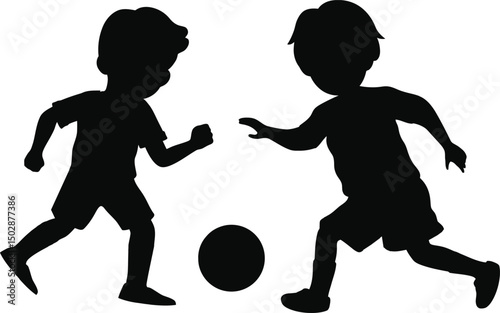Silhouette Soccer: Two young boys engage in a spirited game of soccer, their silhouettes conveying a dynamic scene of fun, friendship, and youthful energy on the field.