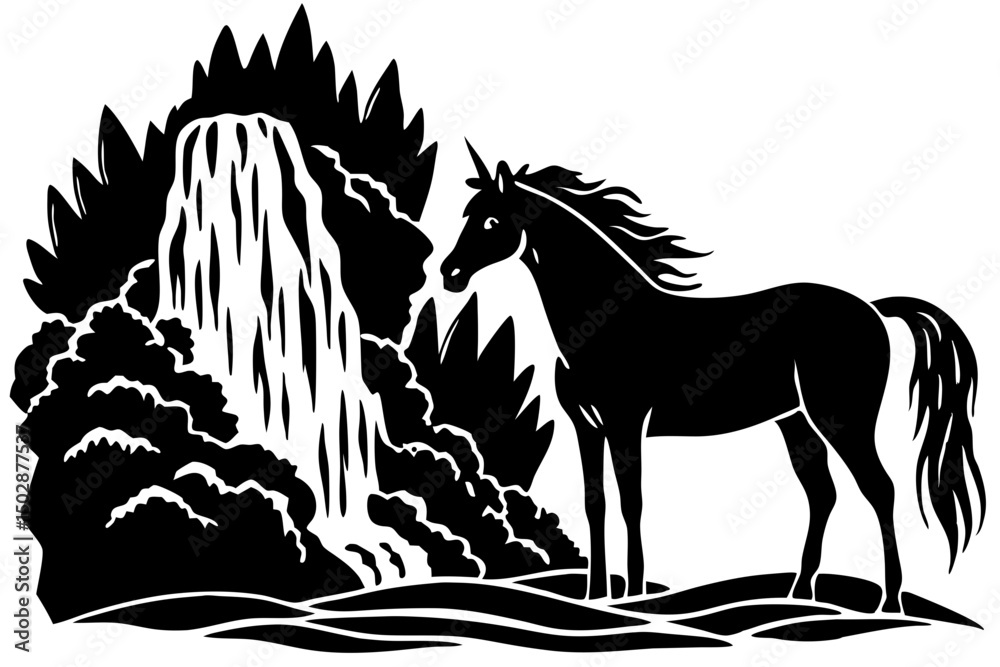 Majestic Unicorn by Waterfall Black and White Illustration, unicorn, waterfall, black, white, mythology, wonder, story, powerful, visual, serene, mysterious, magical, tranquility, legend, picture, mon