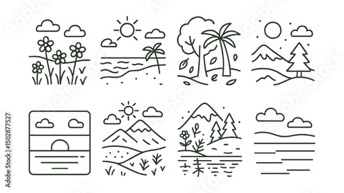 Line style icons of seasonal landscapes: blooming meadow, sunny beach, forest with falling leaves, snowy hill, seasonal sky palette, mountain in seasons, water reflection icon, changing horizon line.
