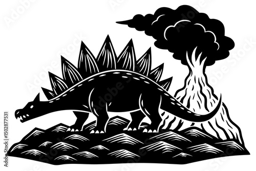 Stegosaurus Facing Volcanic Eruption Prehistoric Extinction Illustration, stegosaurus, volcano, extinction, prehistoric, intense, powerful, fiery, scary, majestic, planet, monochrome, disaster, end, 