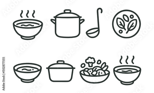 Line style icons of food: soup bowl, stew pot, ladle scoop, salad plate, sauce dip, casserole dish, vegetable stir-fry, bowl with steam.