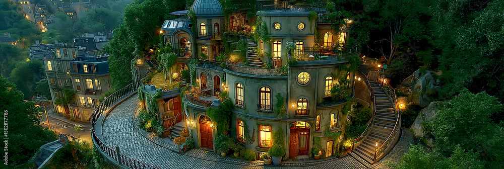 Fototapeta premium Enchanting hillside house illuminated at night with lush greenery surrounding