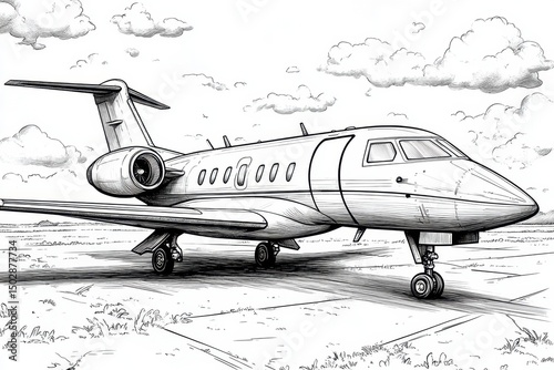 Detailed Sketch of a Private Jet on the Runway Luxury Air Travel Illustration