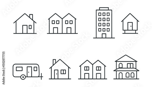 Line style icons of housing types: detached house, townhouse, high-rise building, tiny house, mobile home, cottage, duplex, villa.