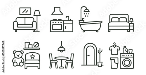 Line style icons of rooms: living room icon, kitchen symbol, bathroom badge, bedroom, kids’ room, dining area, hallway, laundry room.