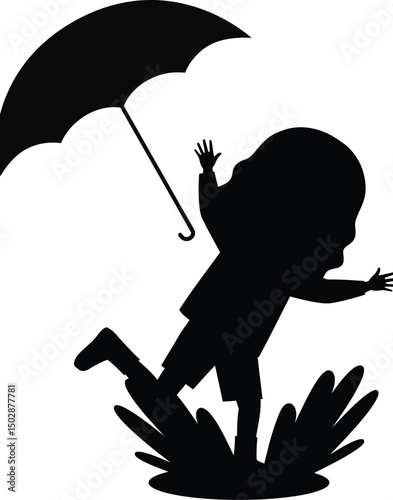 Joyful Silhouette in Rain: A delightful silhouette captures a child's playful spirit as they dance and splash in the rain, their laughter echoing through the droplets