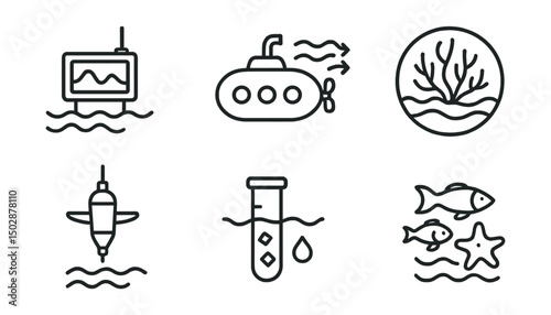 Line style icons of oceanography: wave meter, submarine icon, ocean current, coral reef badge, deep sea probe, water salinity test, marine biodiversity, tide chart.