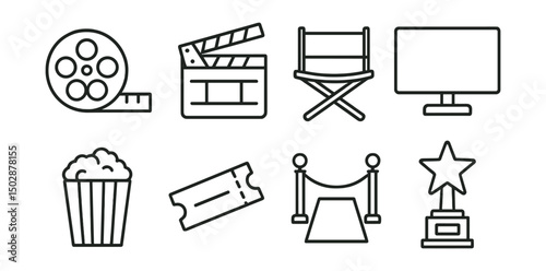Line style icons of cinema and film: film reel, clapperboard, director’s chair, movie screen, popcorn box, cinema ticket, red carpet, award trophy.
