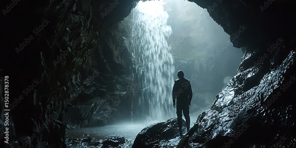 Fototapeta premium Silhouette of person standing in cave illuminated by waterfall light creating mystical atmosphere background