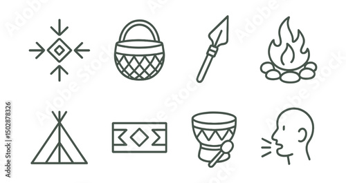 Line style icons of indigenous culture: tribal symbol, handmade basket, hunting tool, fire circle, traditional dwelling, native pattern, drum ceremony, oral storytelling.