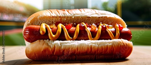 food Classic American Hot Dog grilled frankfurter soft bun ketchup mustard relish baseball stadium background sunny day panoramic shot iconic