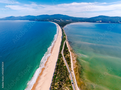 Aerial drone view of The Neck, Bruny Island, Tasmania – stunning coastal landscape in Australia
