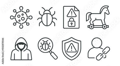 Line style icons of digital threats: virus icon, malware bug, ransomware warning, trojan horse, hacker avatar, spyware detection, red alert shield, compromised account.