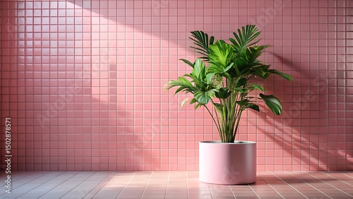 Pink tile room interior with a lush green plant in a pink pot