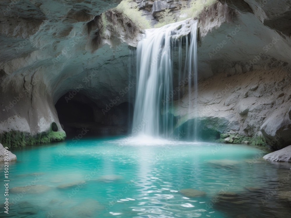 Naklejka premium Serene Waterfall Oasis. Turquoise Pool Under a Rocky Cave with Cascading Waters.