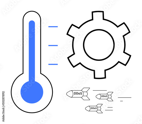 Thermometer, gear, and DDoS attack icons portray system stress, overheating, cyber threats, and performance. Ideal for cybersecurity, system optimization, IT performance challenges and simple