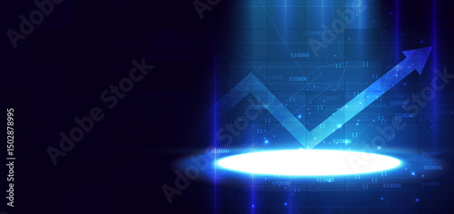 Arrow up finance chart stock market growth glowing light effect on dark blue background. Business investment concept.