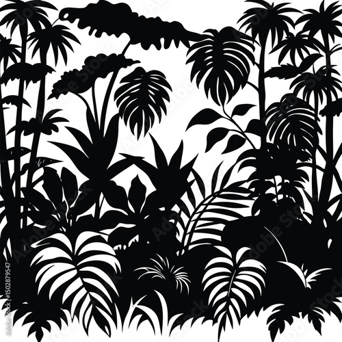 a dense jungle with thick vines and exotic wildlife