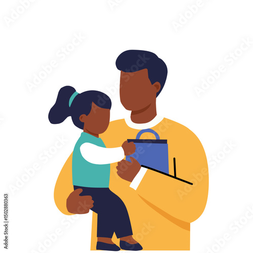 Father carrying his daughter while she holds a shopping bag. Representation of education, support, and father daughter bonding