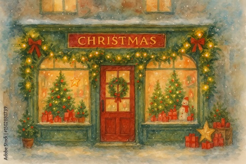 Watercolor painting of a christmas shop front with trees gifts and a festive wreath on the door