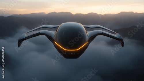 Fototapeta Naklejka Na Ścianę i Meble -  A futuristic spacecraft glides majestically over a breathtaking mountainous landscape, capturing the essence of science fiction and exploration that inspires the human spirit.