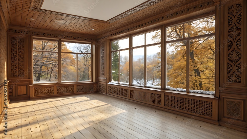Fototapeta premium Spacious sunlit room with ornate wooden walls and large windows overlooking an autumnal landscape