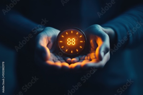 A pair of hands holding a glowing digital device displaying the number eighty eight in a dark setting photo